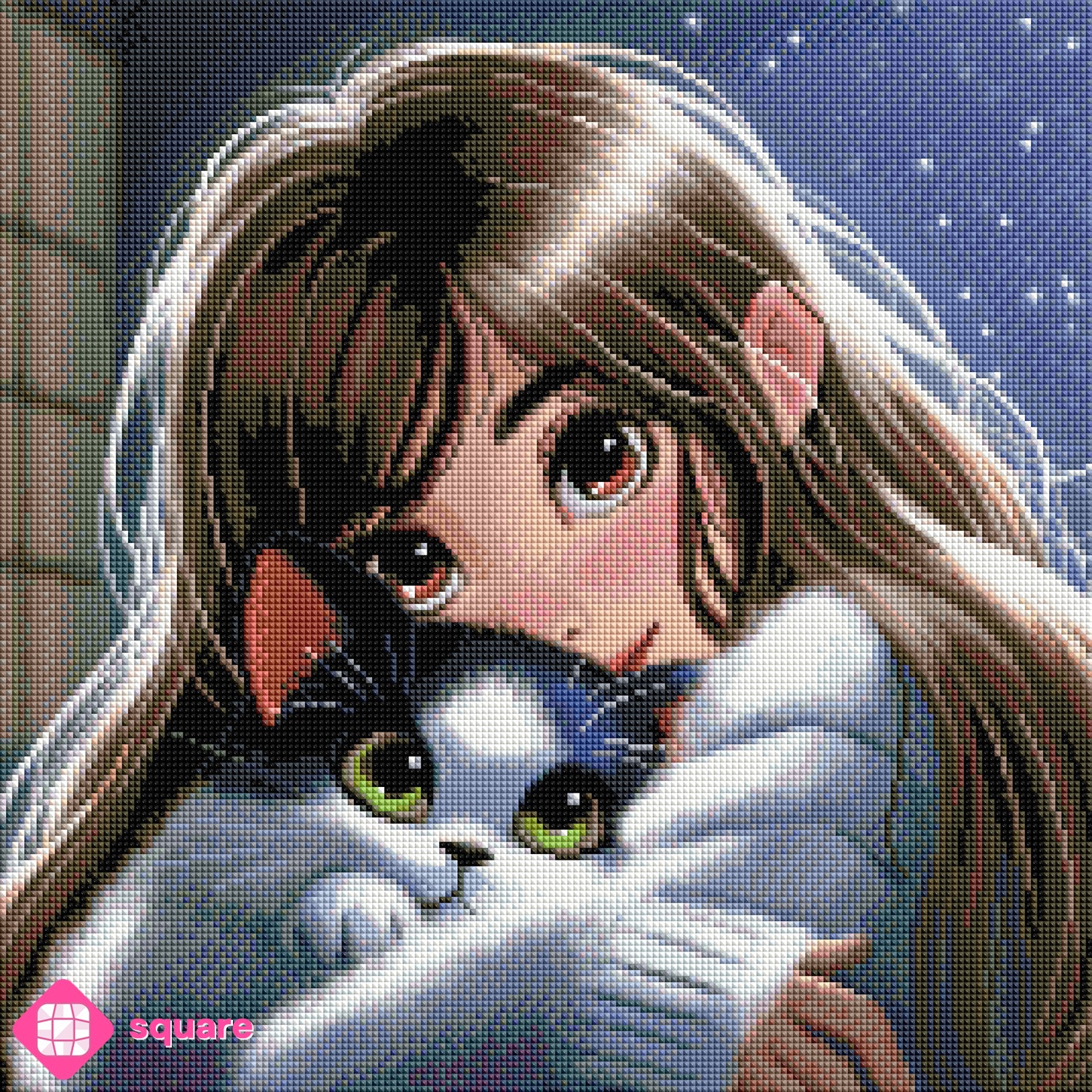 Diamond Painting Vorschau mit Mädchen im gemütlichen Wollpullover und ihrer Katze, die sich aneinander kuscheln, vor einem stimmungsvollen Sternenhimmel in funkelnder Steinoptik