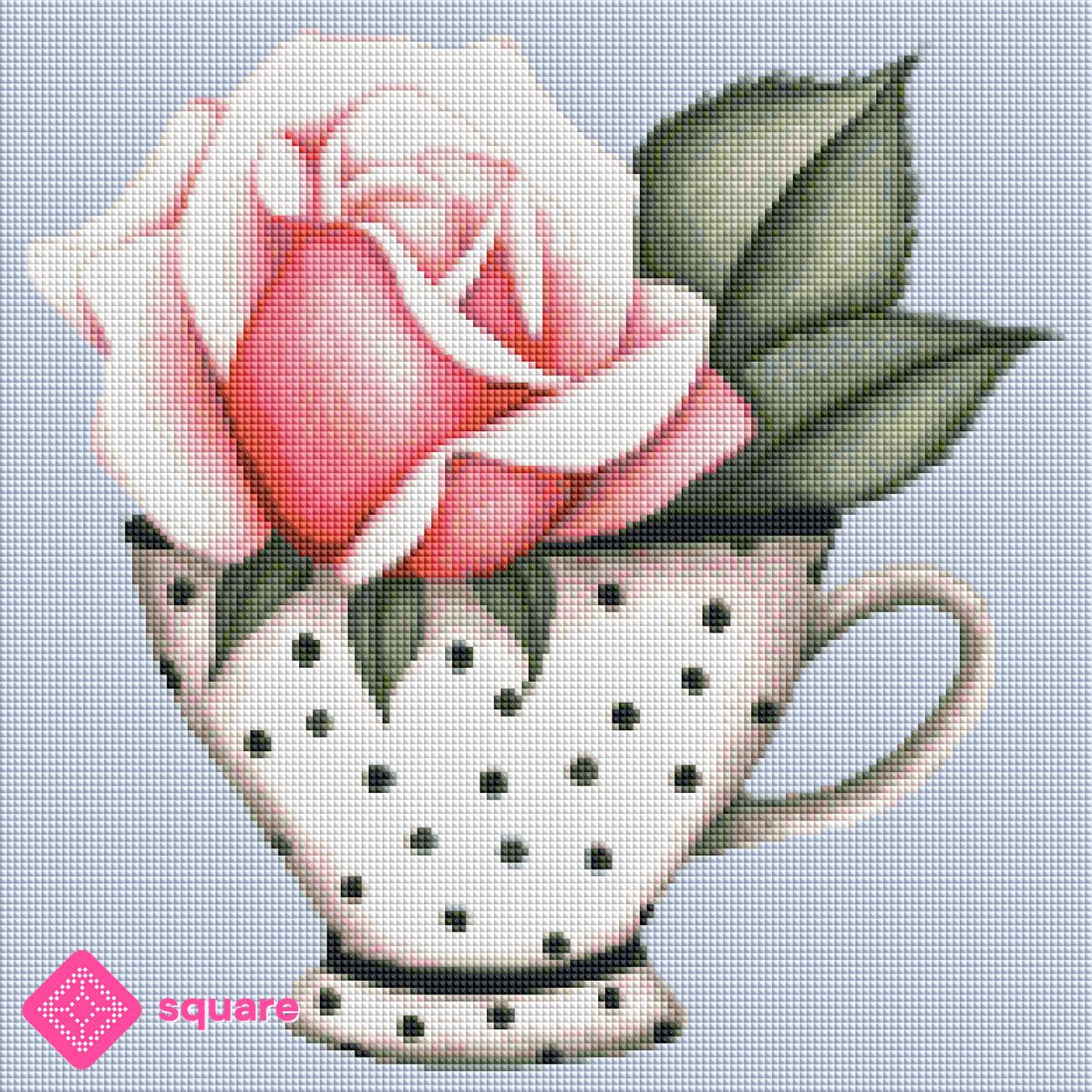 Diamond Painting Vorschau mit Rose in einer Porzellantasse in funkelnder Steinoptik