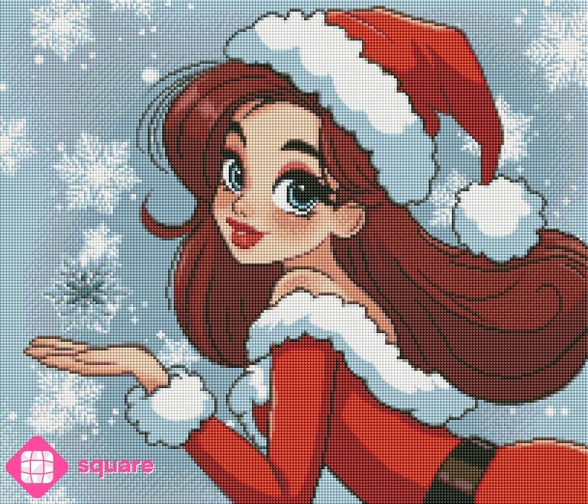Diamond Painting Vorschau mit Santa Girl und winterlicher Weihnachtsstimmung in funkelnder Steinoptik