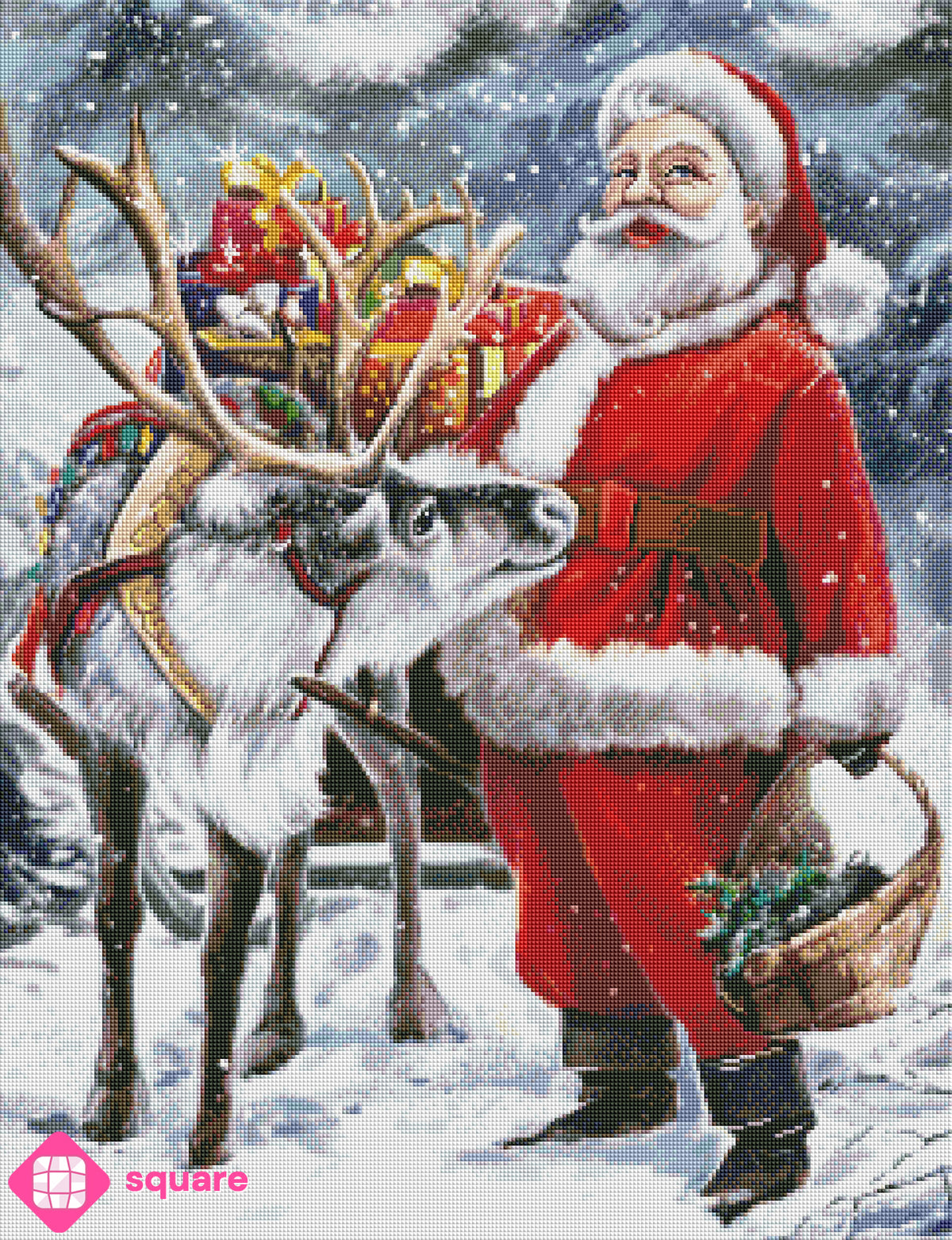 Diamond Painting Vorschau mit Weihnachtsmann und Rentier in funkelnder Steinoptik