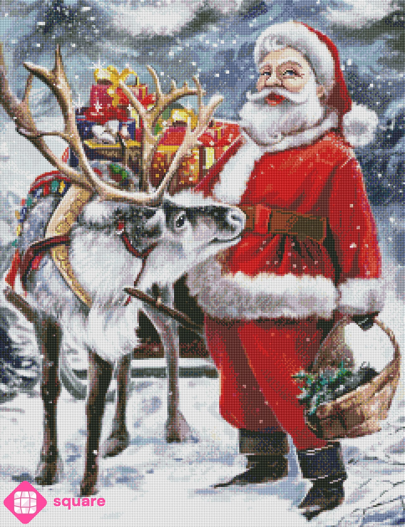 Diamond Painting Vorschau mit Weihnachtsmann und Rentier in funkelnder Steinoptik
