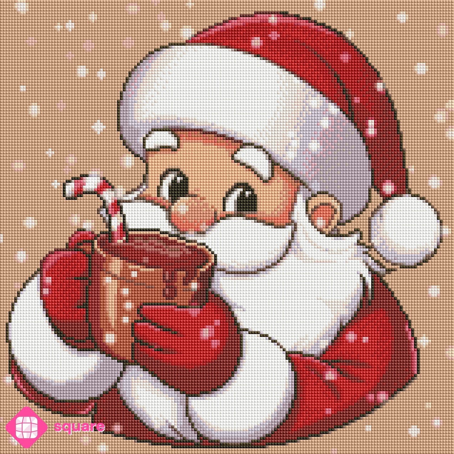 Diamond Painting Vorschau mit einem niedlichen Weihnachtsmann, der gerade einen Schluck heiße Schokolade mit einer Zuckerstange trinkt, umgeben von zahlreichen Schneeflocken in funkelnder Steinoptik