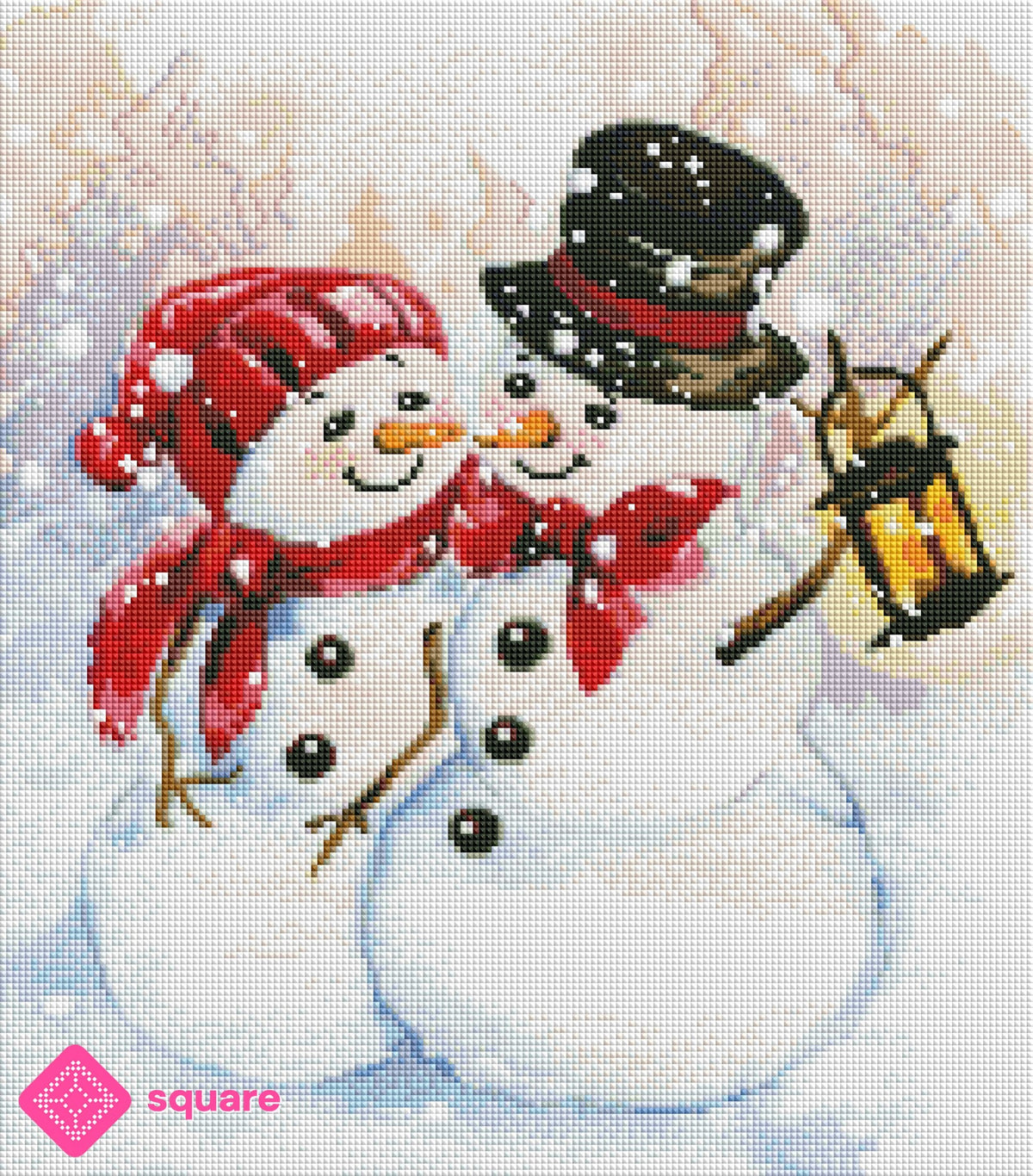 Diamond Painting Vorschau mit Schneemann Paar in funkelnder Steinoptik