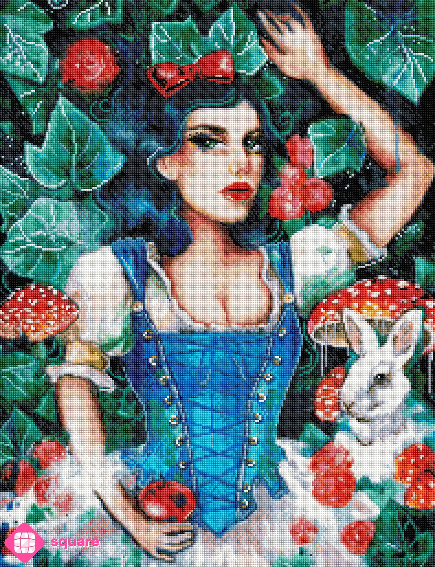 Diamond Painting Vorschau mit Schneewittchen und einem roten Apfel in der Hand, umgeben von blutroten Rosen, giftigen Pilzen und dichtem Laub sowie einem kleinen Kaninchen in funkelnder Steinoptik