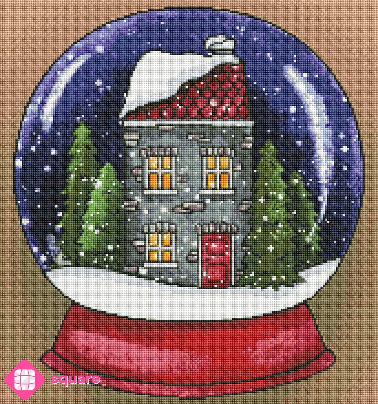 Diamond Painting Vorschau mit gemütlichem Steinhaus in einer verschneiten Schneekugel, umgeben von Tannen und funkelndem Schnee in zauberhafter Steinoptik