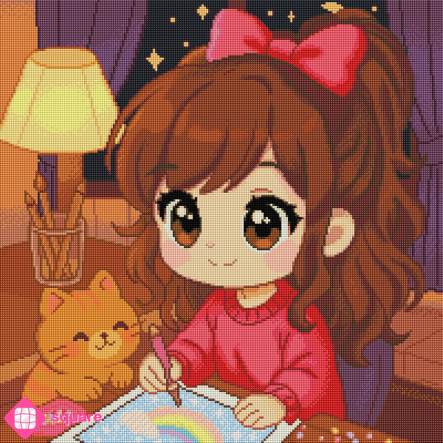 Diamond Painting Vorschau mit dunkelhaarigem Mädchen im roten Pulli und roter Haarschleife, das gemeinsam mit seiner Katze beim Diamond Painting in einem gemütlichen Wohnzimmer sitzt, in funkelnder Steinoptik