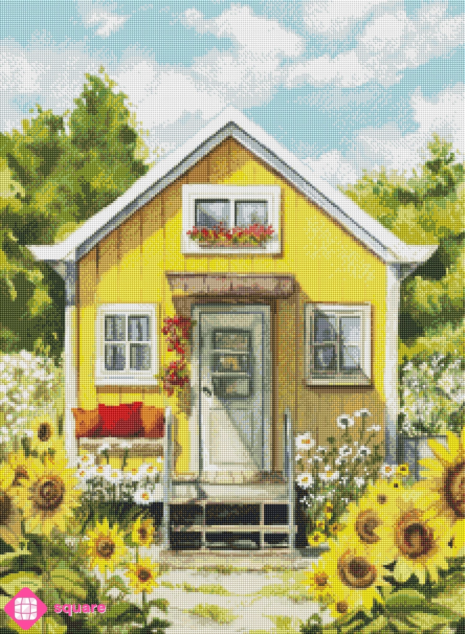 Vorschau eines sommerlichen Diamond Paintings mit gelbem Haus und blühenden Sonnenblumen in funkelnder Steinoptik
