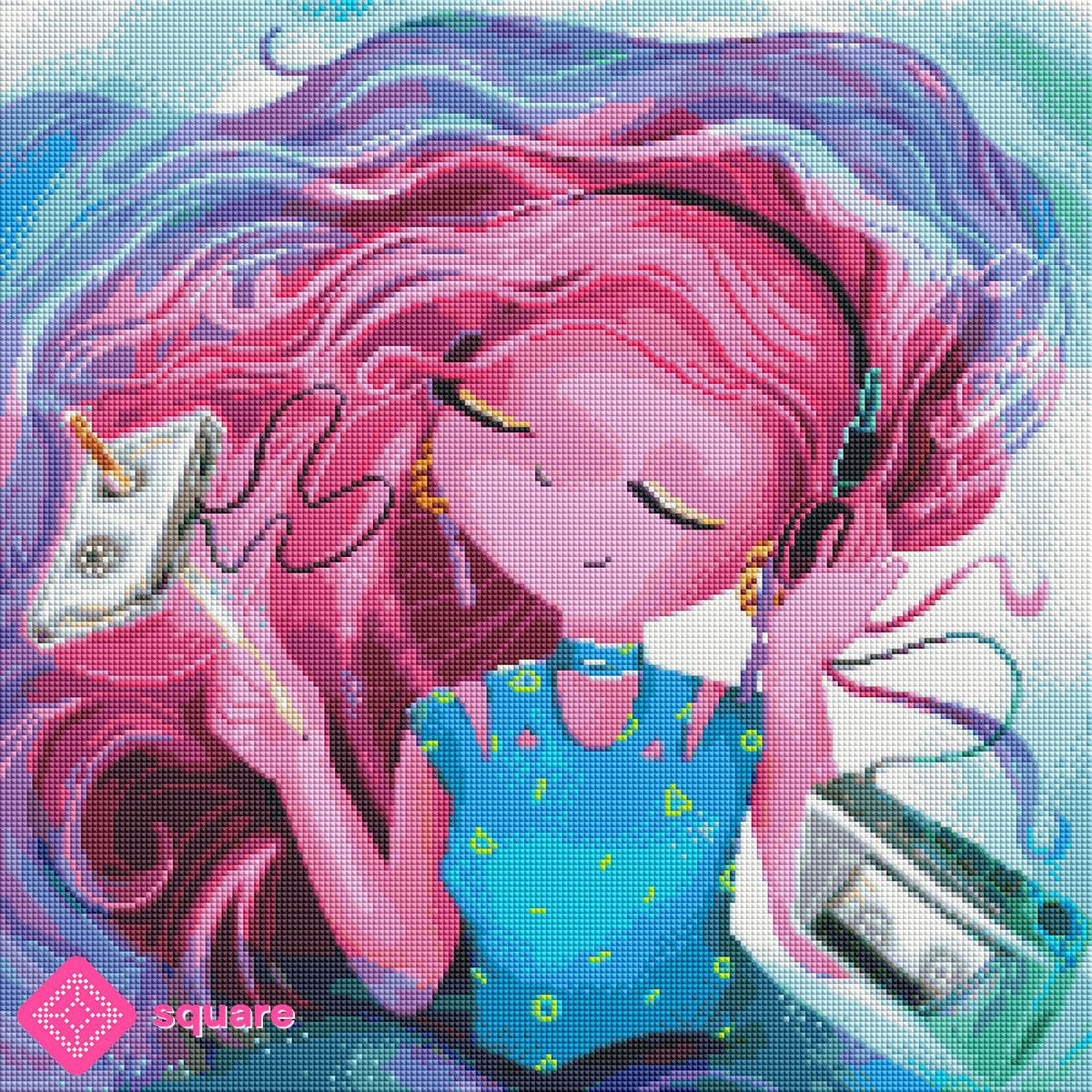 Diamond Painting Vorschau eines 90er Jahre Girls mit Kopfhörern und Retro Musik Motiv in funkelnder Steinoptik