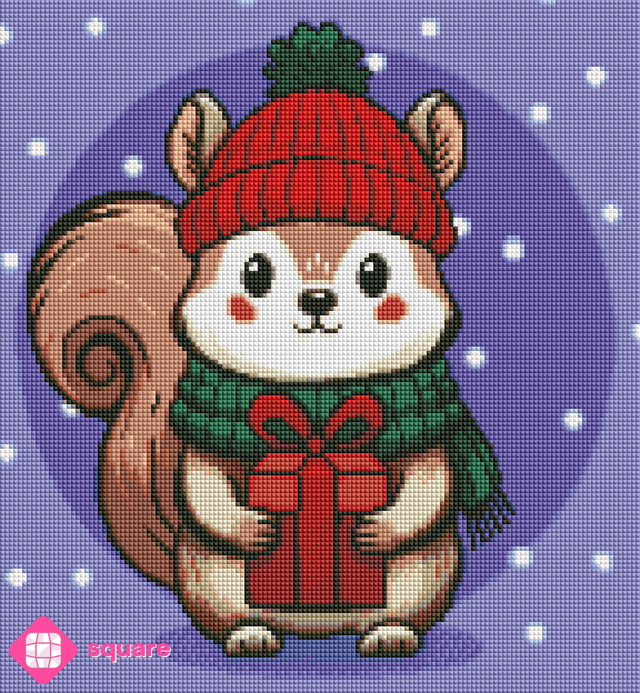Diamond Painting Vorschau mit weihnachtlichem Eichhörnchen Motiv in funkelnder Steinoptik