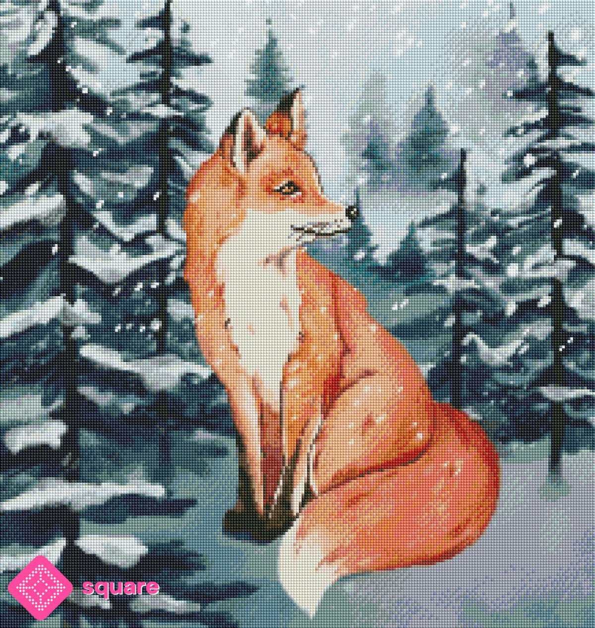 Diamond Painting Vorschau mit Fuchs im winterlichen Schneetreiben und verschneiter Waldlandschaft in funkelnder Steinoptik