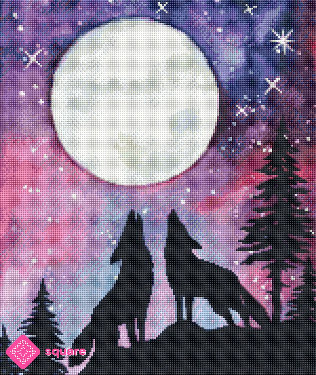 Diamond Painting Vorschau mit zwei Wölfen und großem Vollmond unter einem farbenprächtigen Nachthimmel in funkelnder Steinoptik