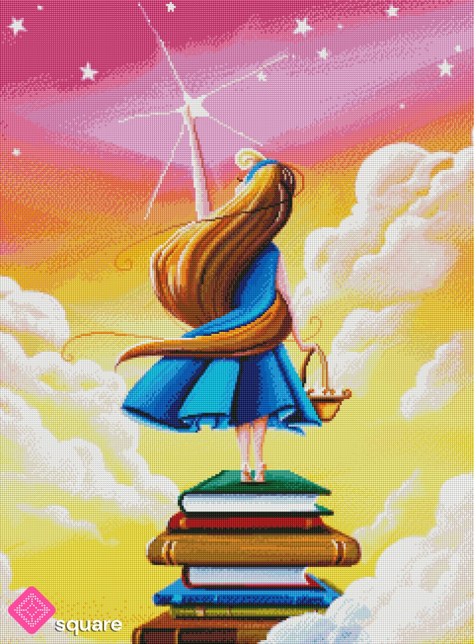 Diamond Painting Vorschau mit Mädchen auf einem Bücherstapel und einem leuchtenden Stern vor einem verträumten pink-goldenen Wolkenhimmel in funkelnder Steinoptik