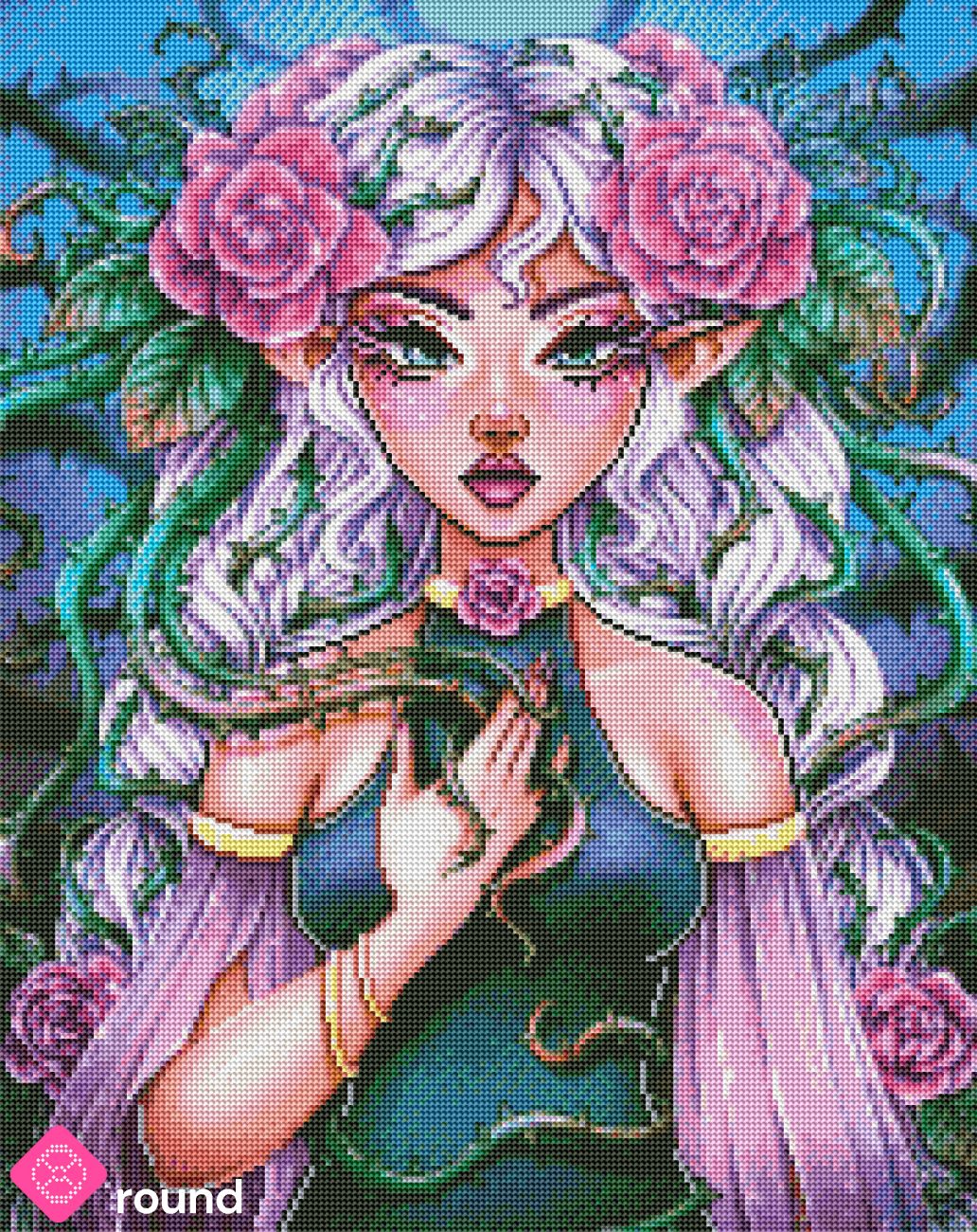 Diamond Painting Vorschau mit Mädchen und langen weiß-lila Haaren, pinkfarbenen Rosen und geheimnisvollen Dornenranken in funkelnder Steinoptik