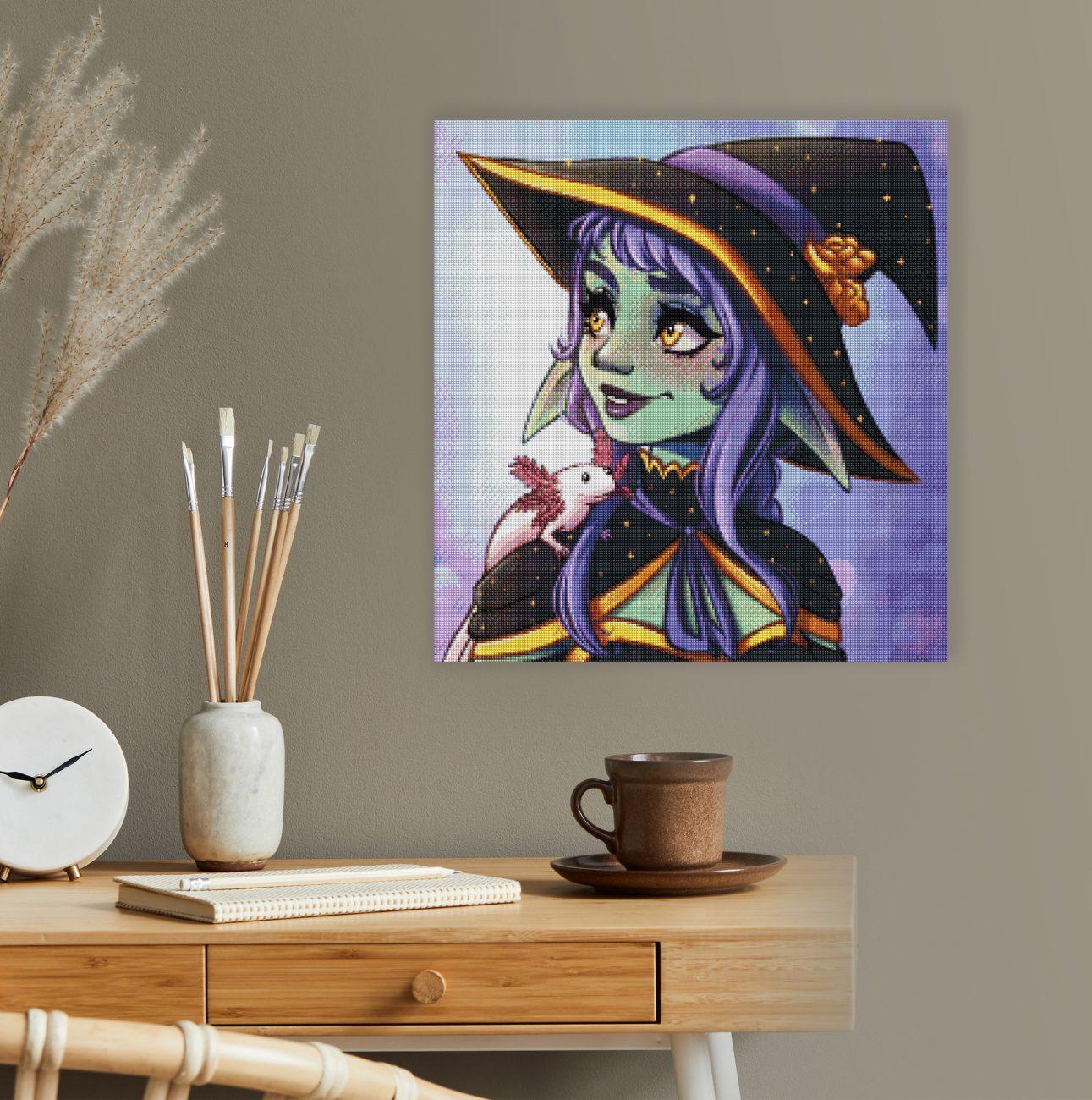 Diamond Painting Axolotl Hexe als verspielte Halloween Wanddekoration