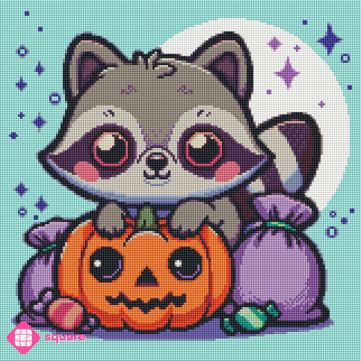 Diamond Painting Vorschau mit Waschbär Motiv und Halloween Details