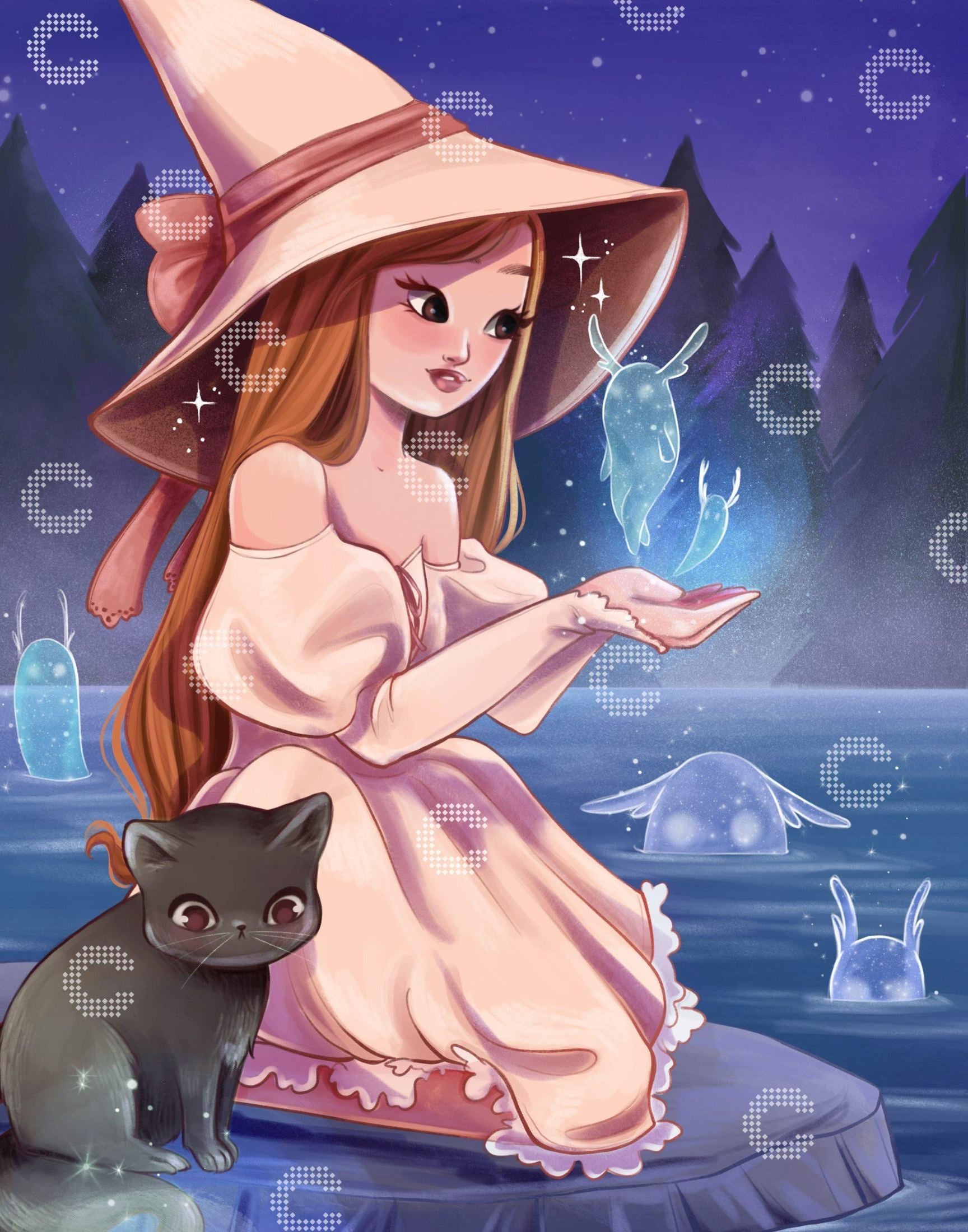 Diamond Painting kleine Hexe im rosa Kleid mit spitzem Hexenhut und schwarzer Katze am Fluss, umgeben von leuchtenden Wassergeistern
