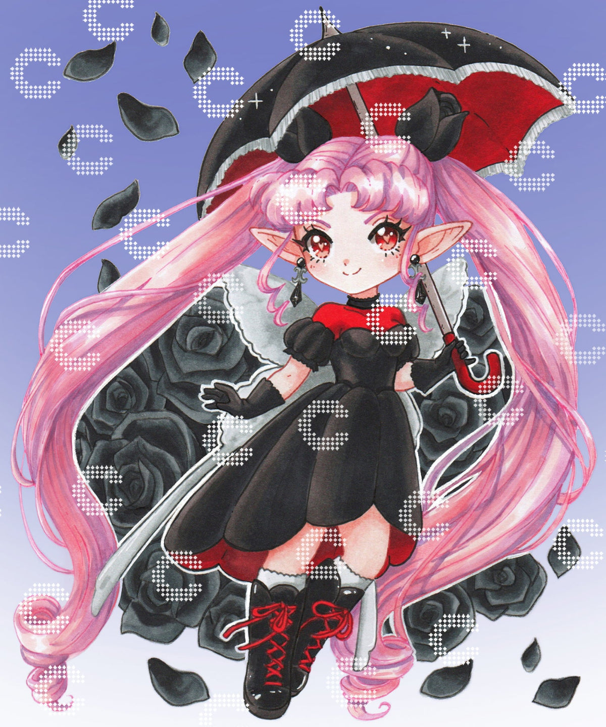Diamond Painting Original-Kunstwerk eines kleinen, elfenhaften Mädchens mit glitzernden Flügeln und langen rosa Haaren, in einem schwarz-roten Gothic-Kleid und hohen schwarzen Stiefeln mit roten Schnürsenkeln, mit einem schwarz-roten Schirm in der Hand, umgeben von tiefschwarzen Rosen