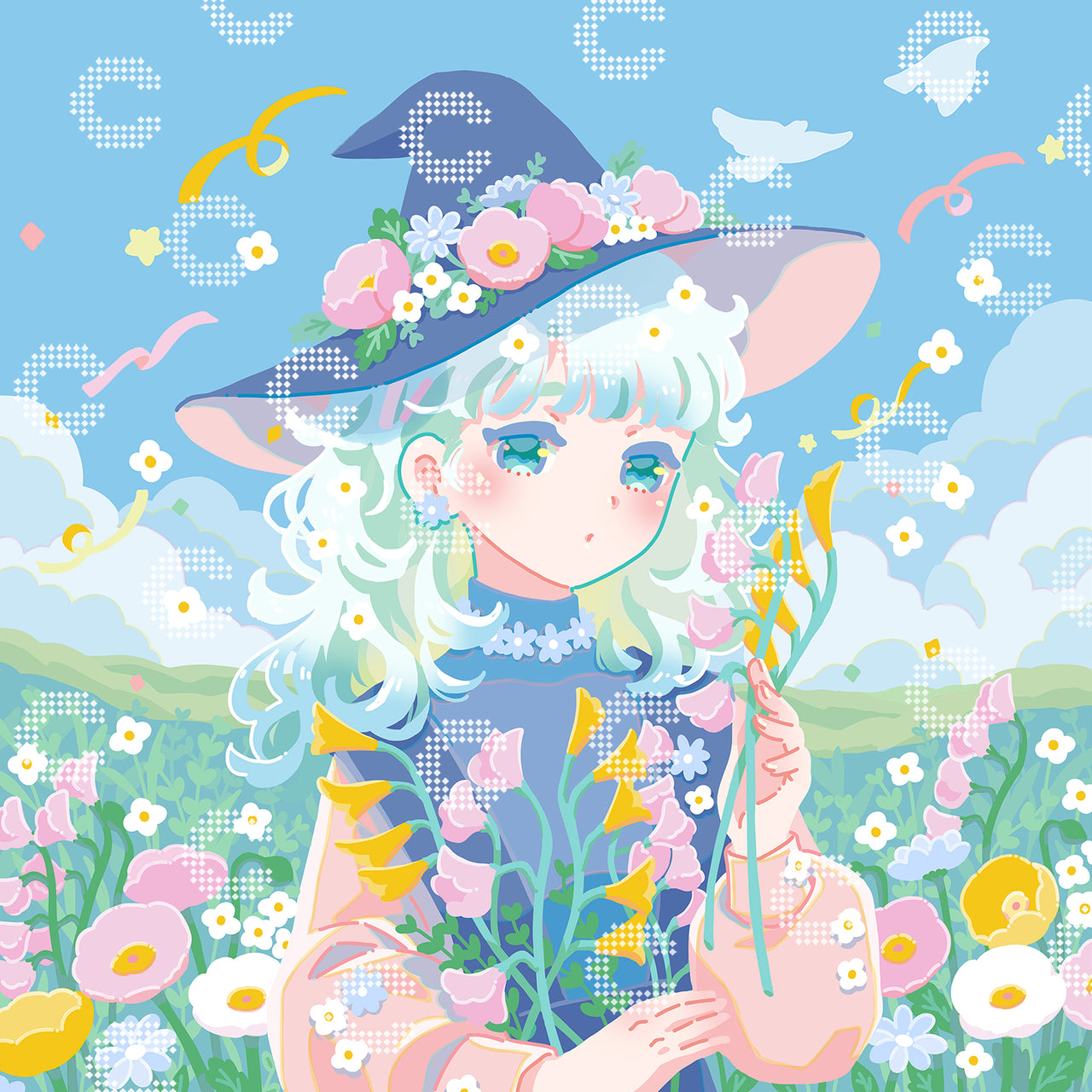 Diamond Painting von Hiroko mit einer jungen Hexe mit spitzem, mit Blumen geschmücktem Hut, die mit einem Strauß frisch gesammelter Wildblumen in den Händen auf einer verträumten Blumenwiese steht