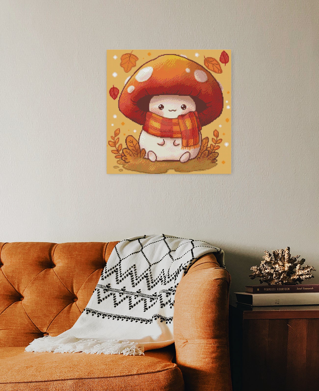 Diamond Painting mit kleinem Herbstpilz Motiv als saisonaler Blickfang im Wohnbereich