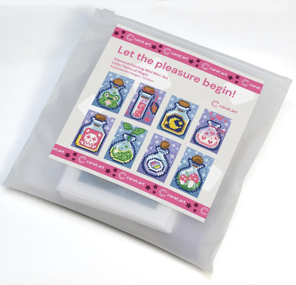 Diamond Painting Set mit 8 Mini Motiven mit Zauberfläschchen in praktischer wiederverschließbarer Verpackung