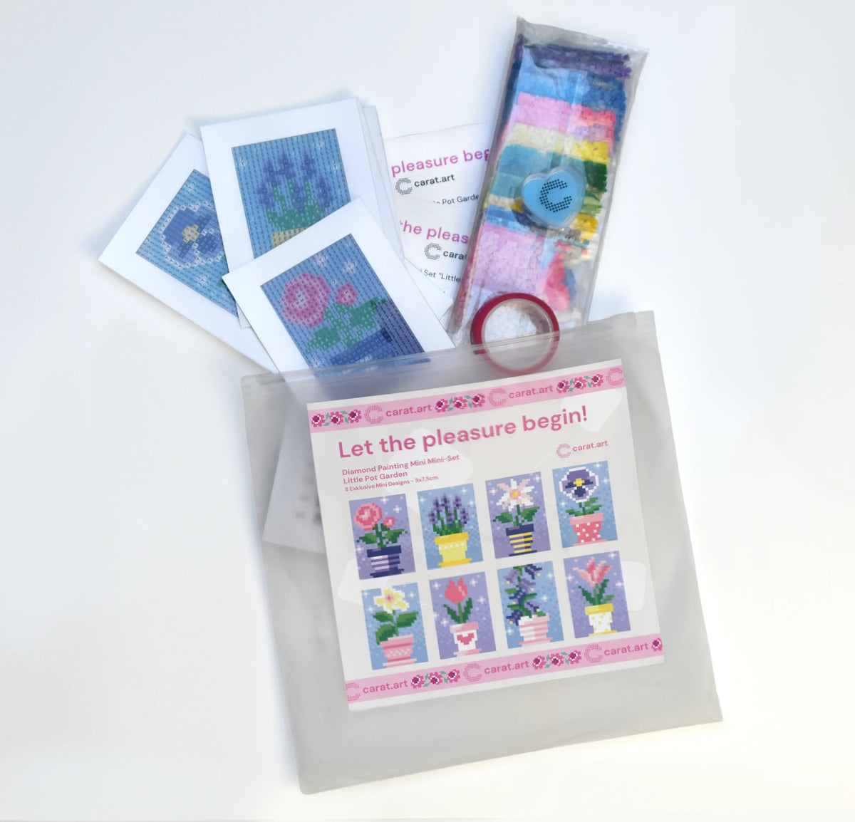 Diamond Painting Set mit 8 Mini Leinwänden mit Blumen Motiven, Steinchen, Zubehör und wieder verschließbarer Verpackung