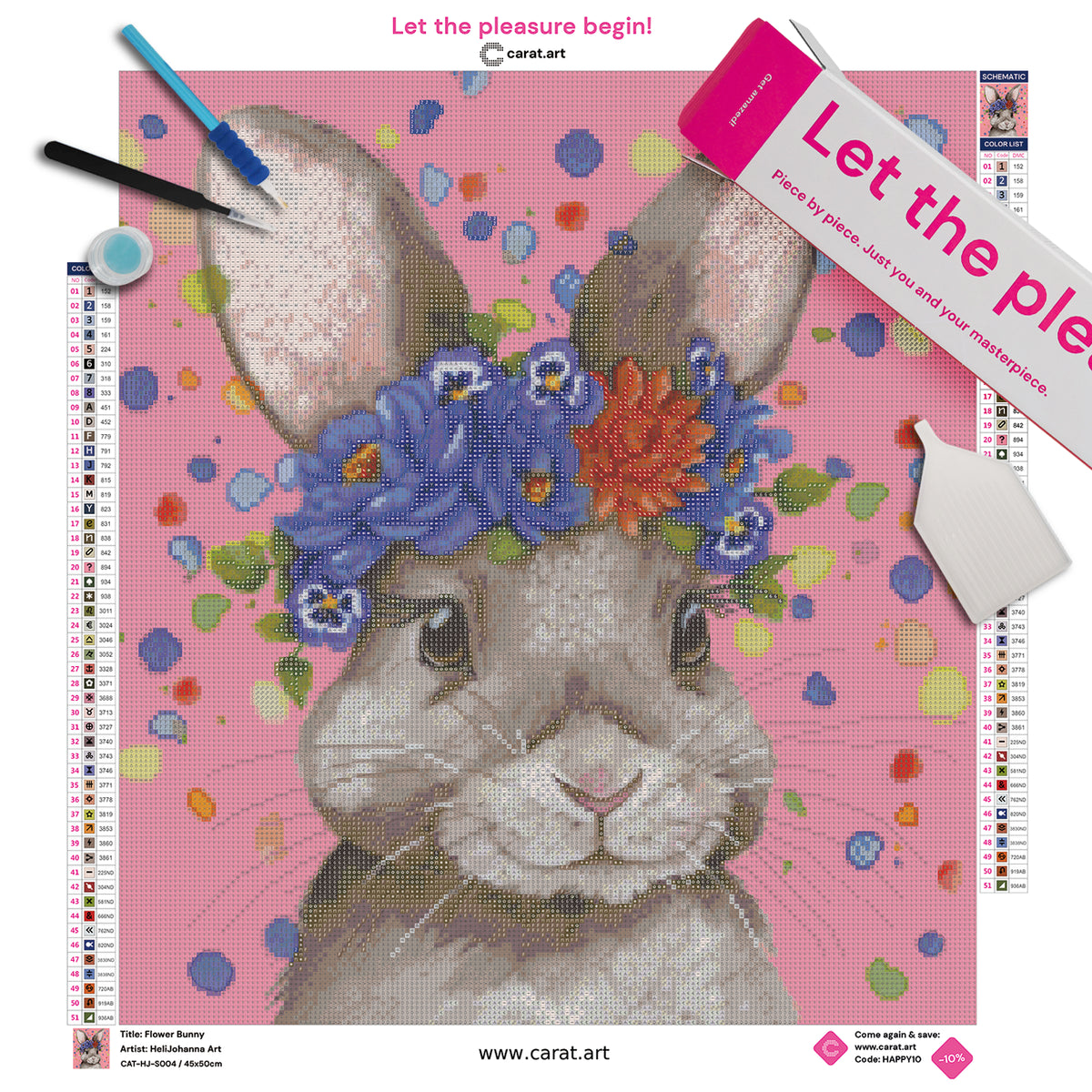 Diamond Painting Set mit kleinem Hasen, glänzenden Augen und Blumenkranz aus tiefblauen und warmen Blüten vor fröhlichem rosa Konfettihintergrund inklusive Leinwand, Carat Art Karton und hochwertigem Zubehör