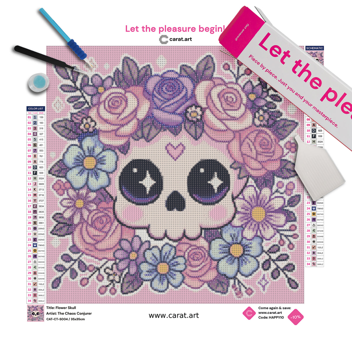 Diamond Painting Set mit niedlichem Totenkopf, üppigen Blumen in sanften Pastellfarben und rosafarbenem Hintergrund inklusive Leinwand, Carat Art Karton und hochwertigem Zubehör