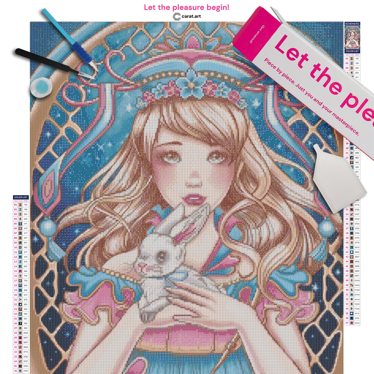 Diamond Painting Set mit Mädchen im Rüschenkleid, Hasentasche und kleinem weißen Hasen vor blauem Sternenhimmel, umrahmt von filigranen goldenen Strukturen inklusive Leinwand, Carat Art Karton und hochwertigem Zubehör