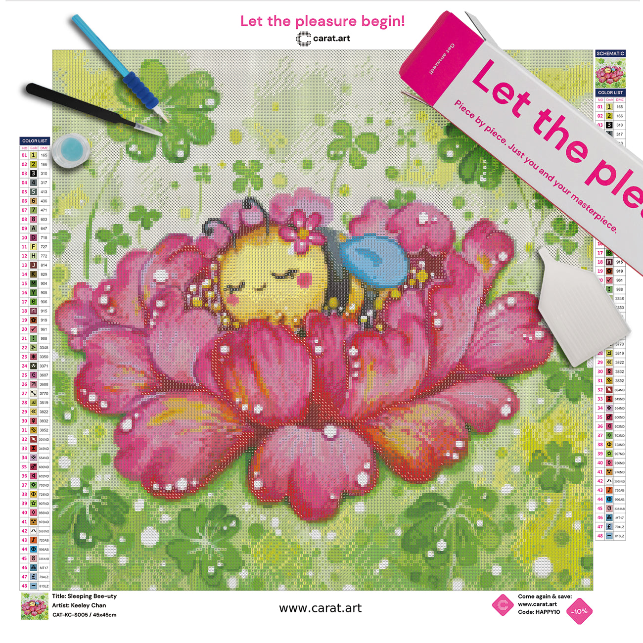 Diamond Painting Set mit schlafender Biene in einer üppigen Blüte, umgeben von grünen Wiesen, Kleeblättern und funkelnden Tropfen inklusive Leinwand, Carat Art Karton und hochwertigem Zubehör