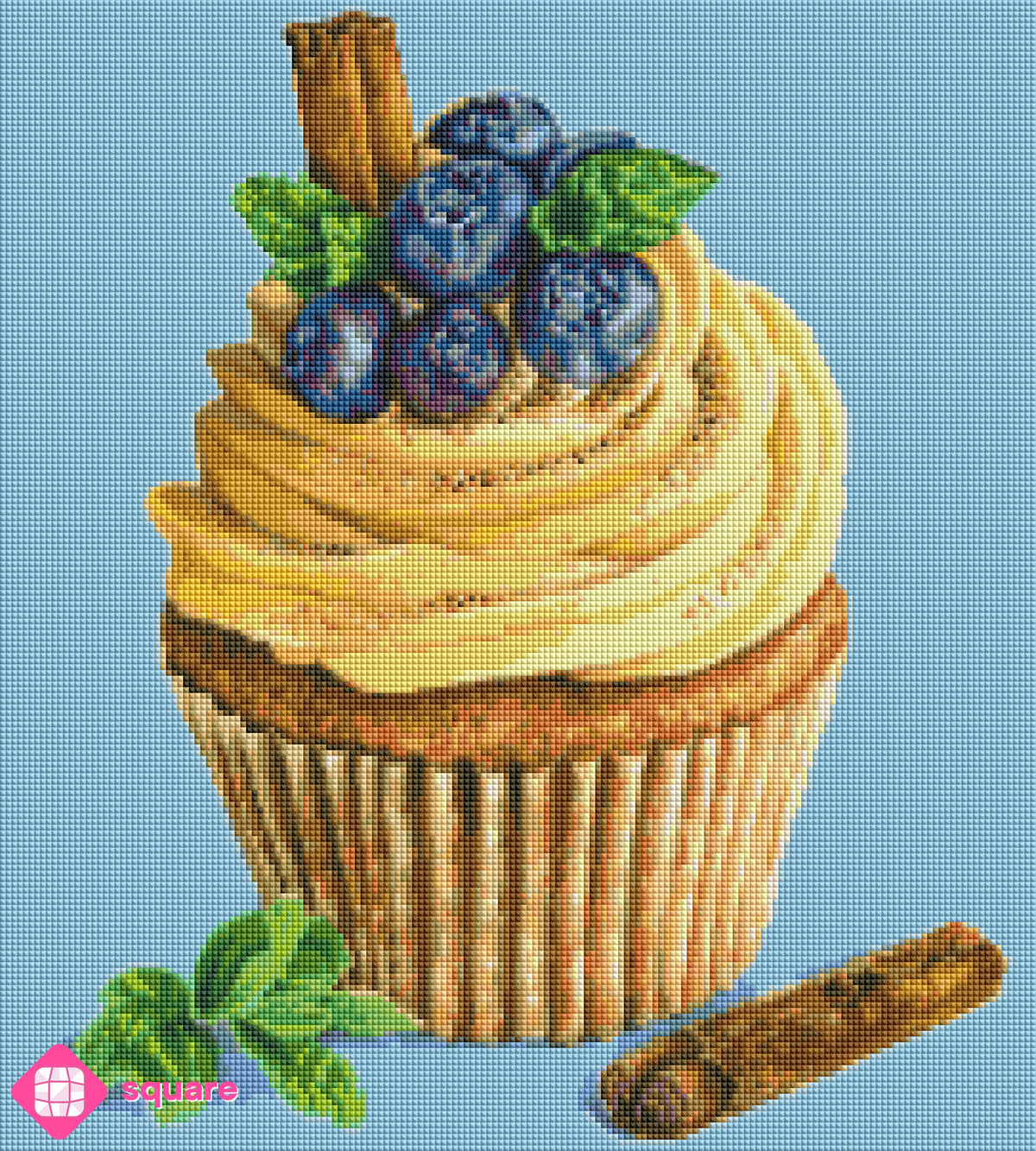Diamond Painting Vorschau mit Blaubeer Cupcake mit Zimt in funkelnder Steinoptik