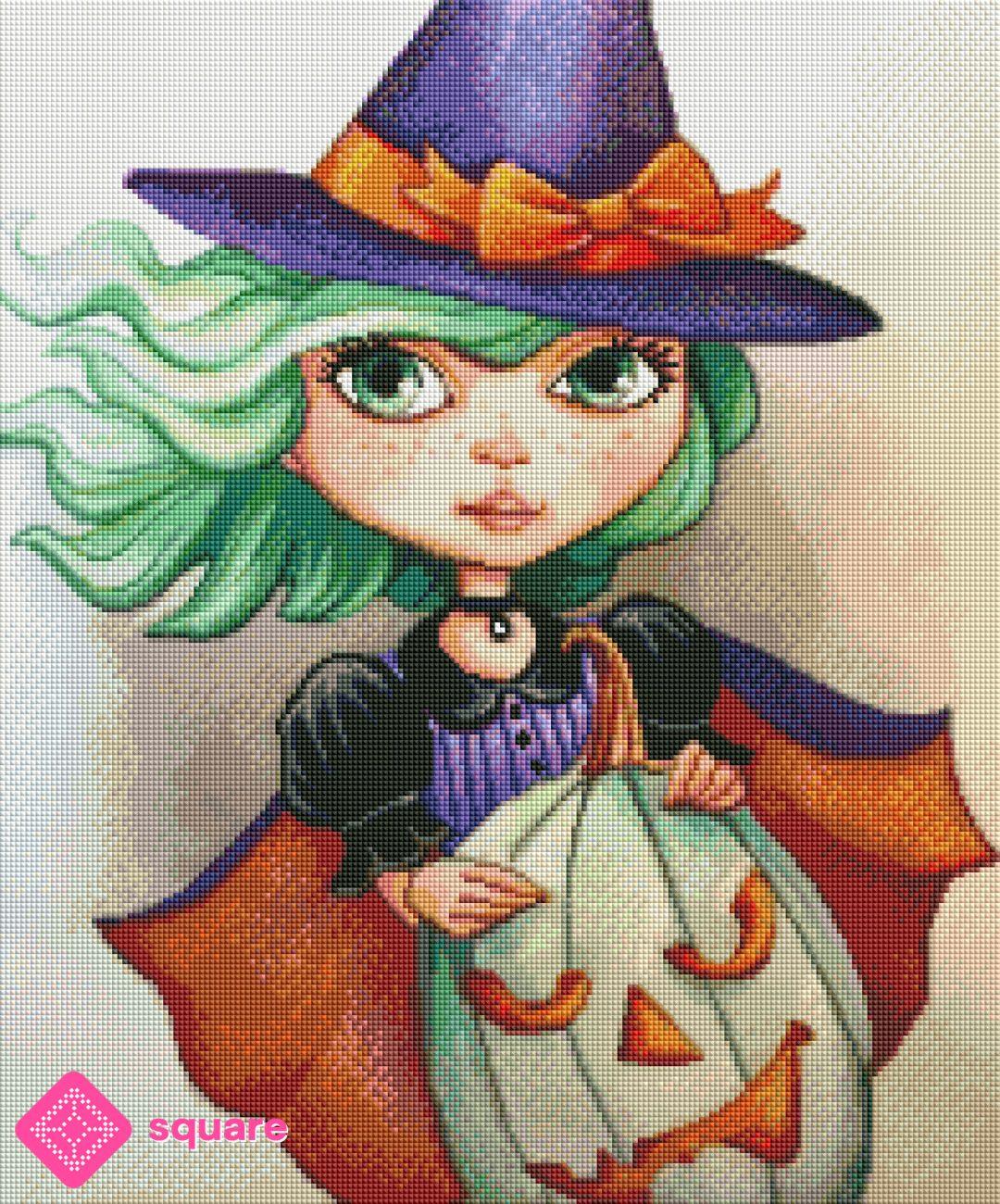 Diamond Painting Vorschau mit junger Hexe, wehenden grünen Haaren, großen grünen Augen und weißem Halloween-Kürbis in leuchtenden Lila-, Orange- und Grüntönen in funkelnder Steinoptik