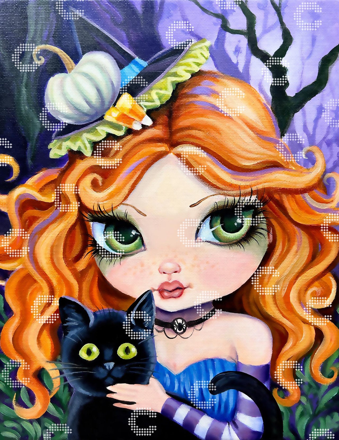 Diamond Painting Hexe mit roten Haaren und herbstlicher Stimmung