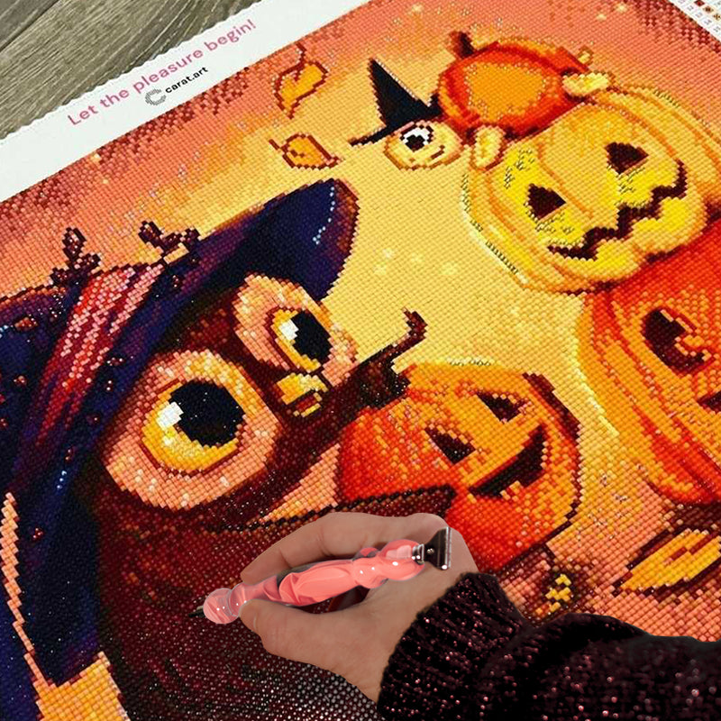 Halloween Diamond Painting Eule mit Hexenhut und Kürbisse