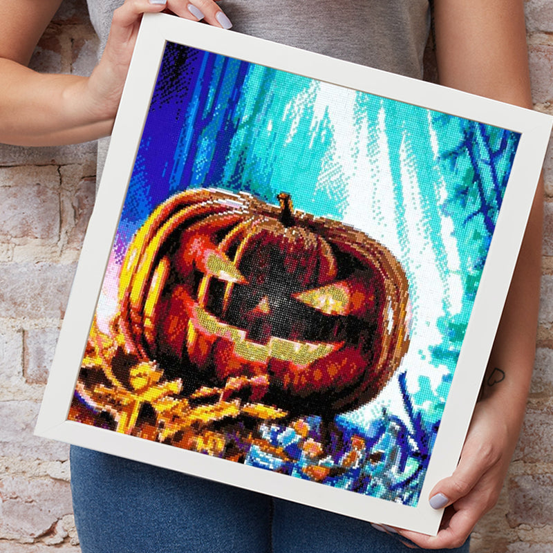 Halloween Diamond Painting gruseliger Kürbis in blauem Wald