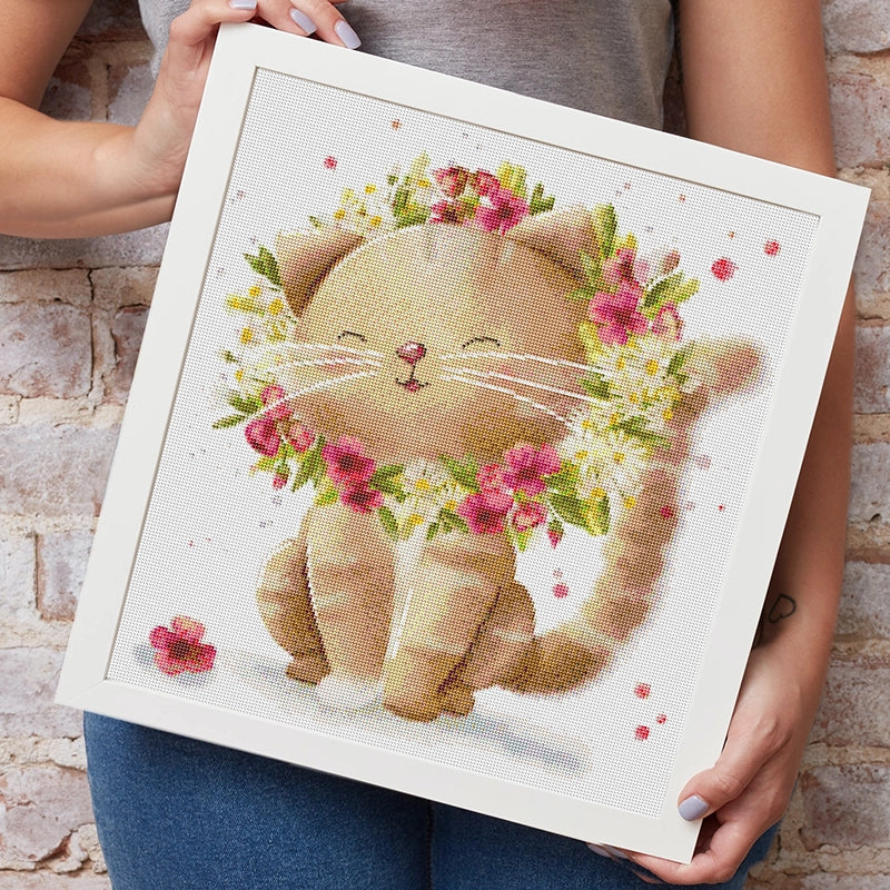 Diamond Painting Motiv Katze und Blumen