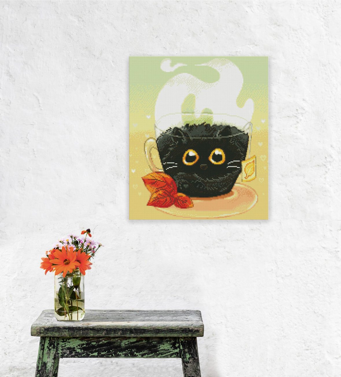 Diamond Painting Katze mit Tee als dekorativer Hingucker
