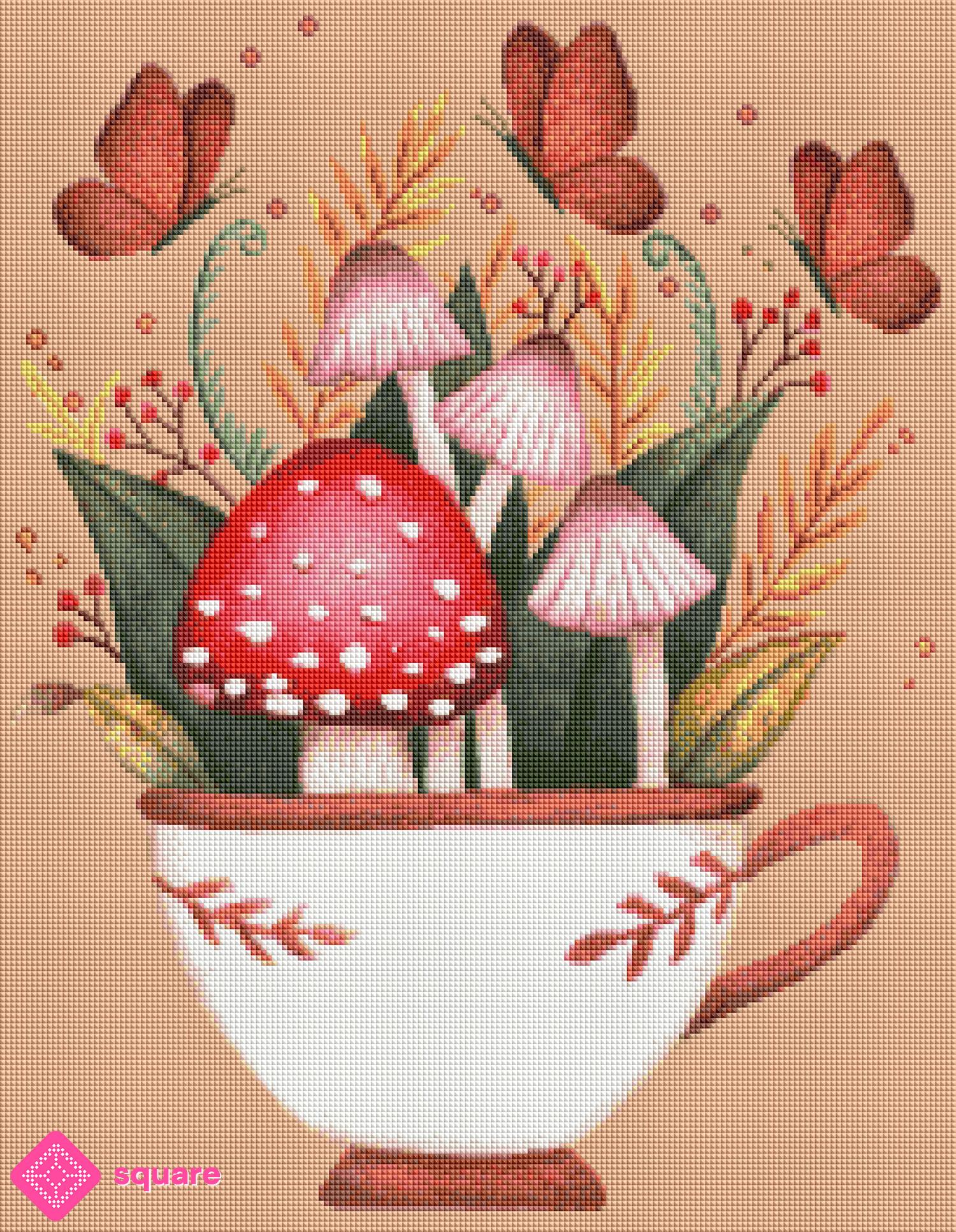 Diamond Painting Vorschau mit Pilz Motiv und detailreicher Steinoptik