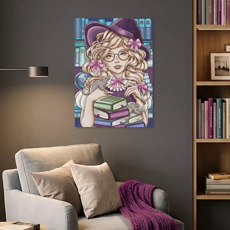 Diamond Painting mit junger Bibliothekshexe als Wanddeko