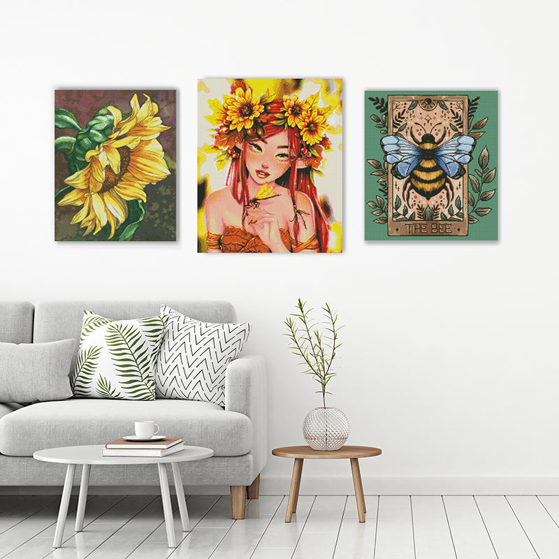 3 Fee und Natur Diamond Painting an der Wand mit Sonnenblumen und Biene
