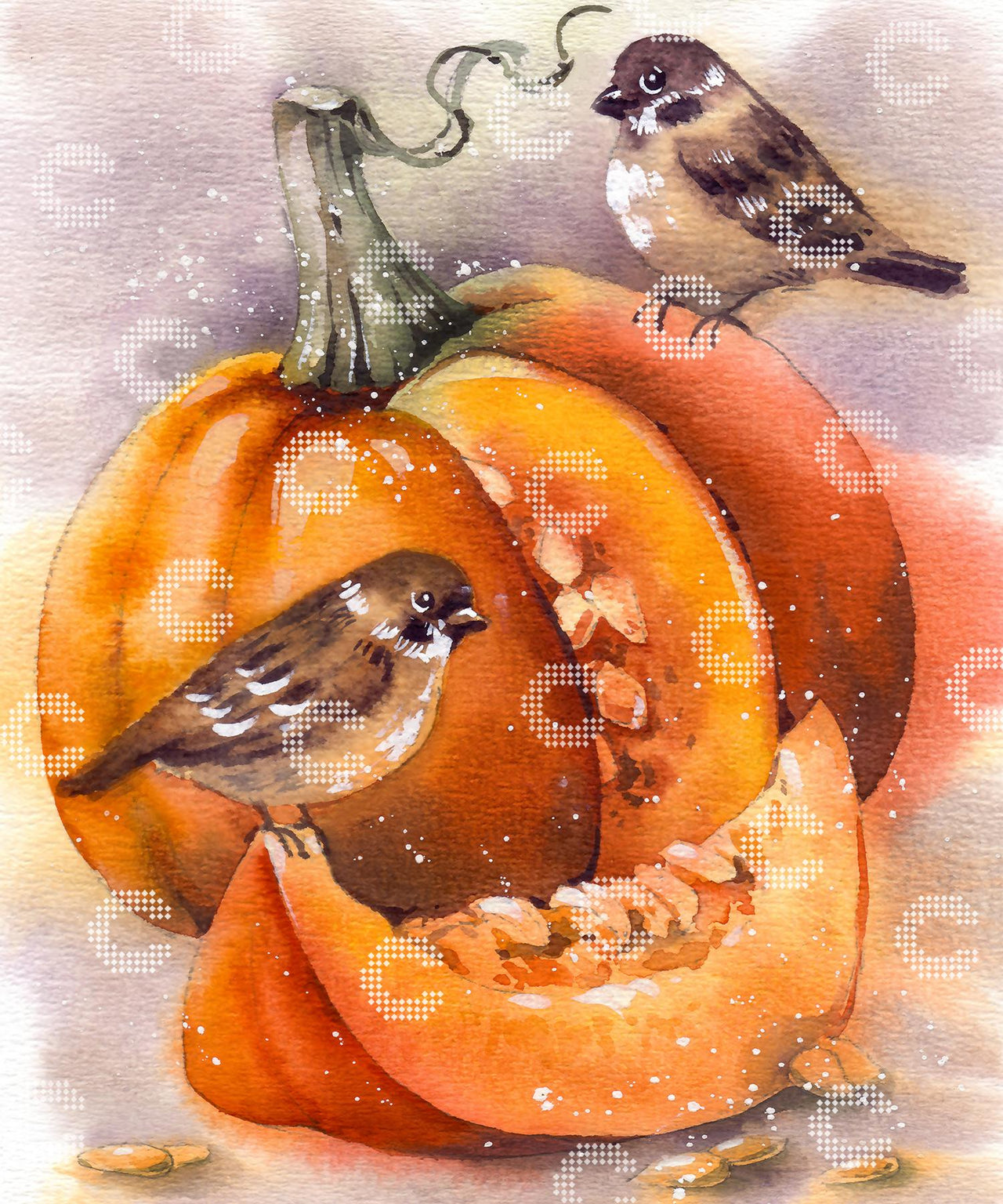 Diamond Painting Kürbis Motiv mit Spatzen und Herbstfarben