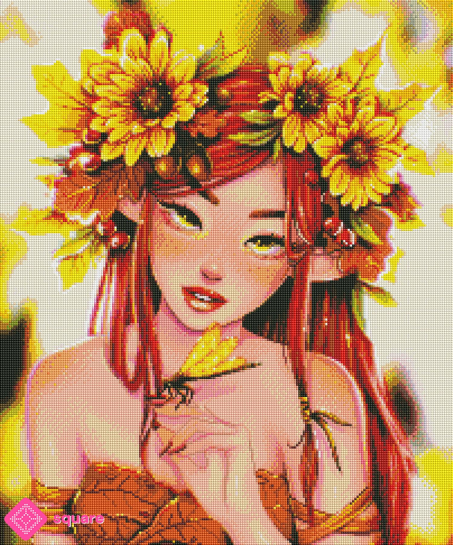 Diamond Painting Vorschau mit Sonnenblumen Fee und detailreicher Steinoptik