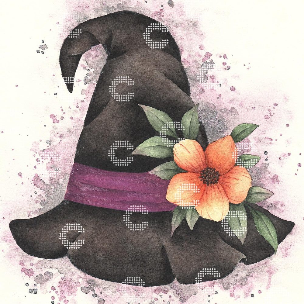 Diamond Painting Hexenhut mit Blume und magischen Details