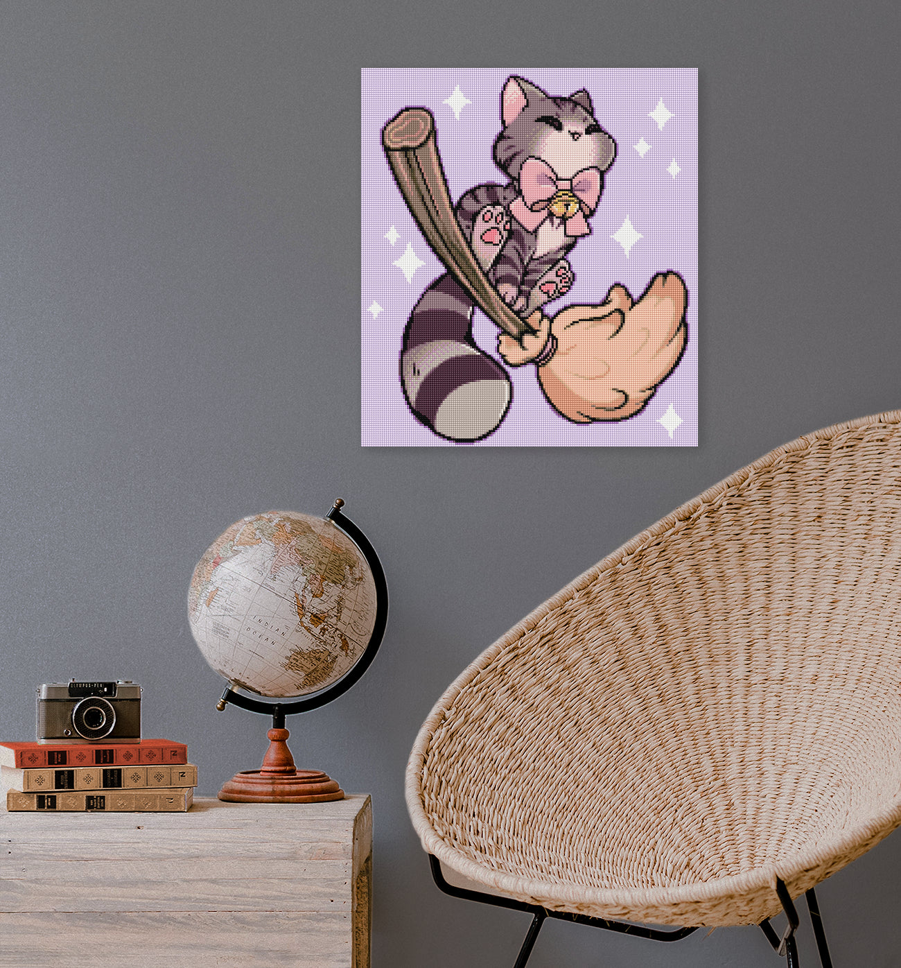 Diamond Painting Katze mit Hexenbesen als Halloween Dekoration