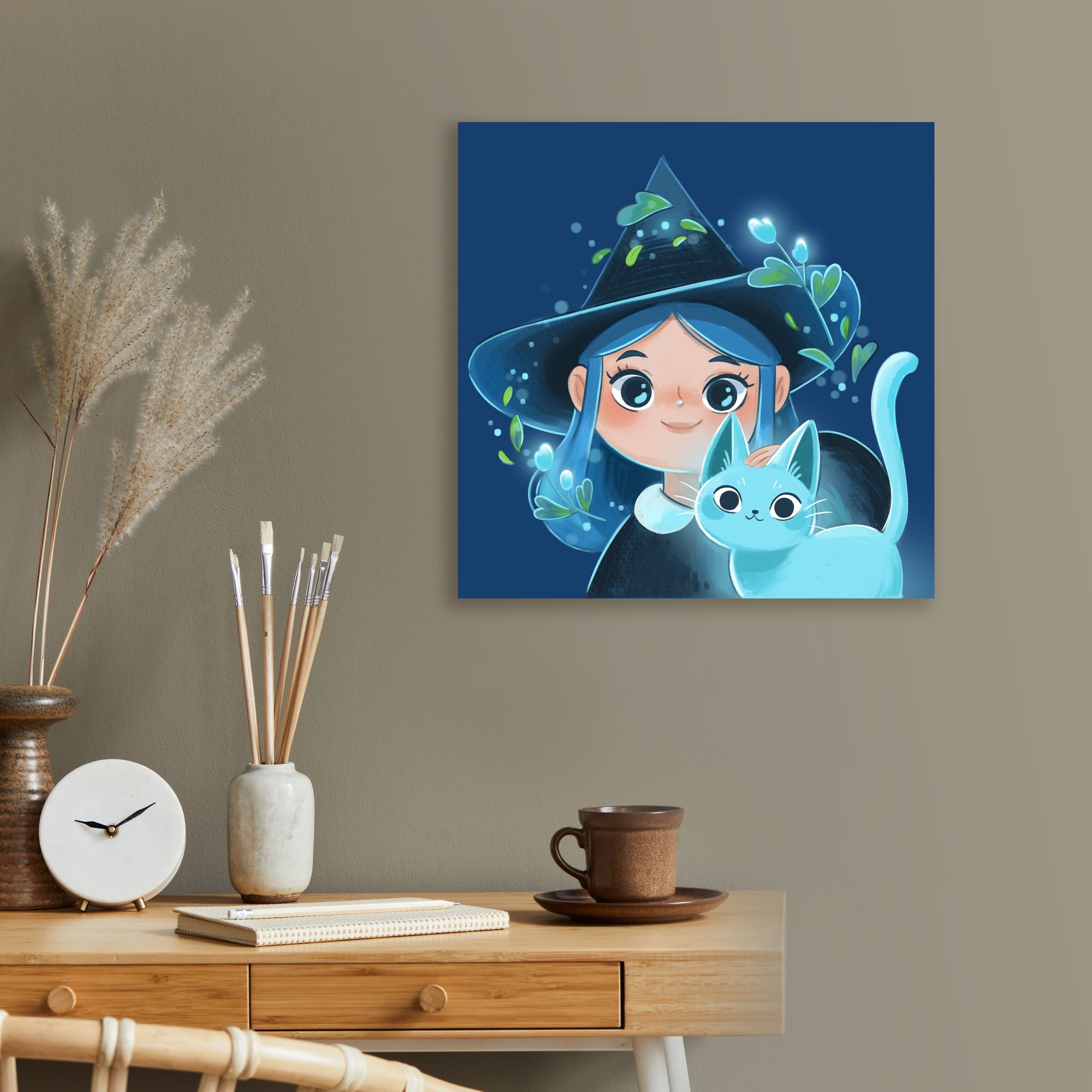 Diamond Painting kleine Hexe mit Katze als dekoratives Wandbild