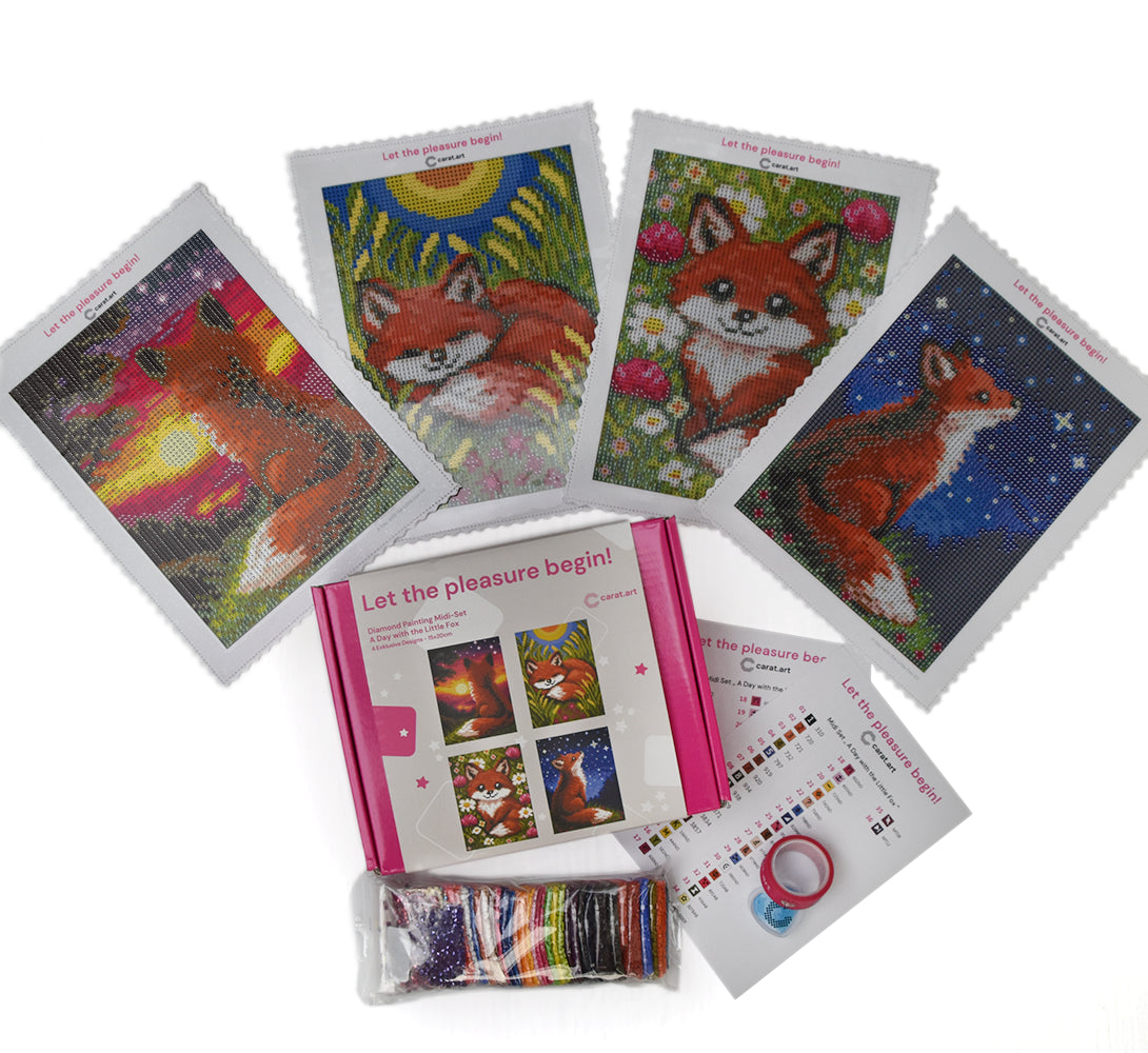 Diamond Painting Midi Set A Day with the Little Fox mit vier Leinwänden vom kleinen Fuchs bei seinen sommerlichen Abenteuern, Box, funkelnden Steinen und komplettem Setinhalt