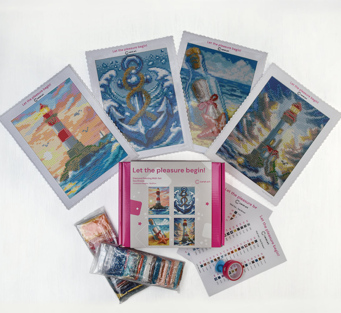Diamond Painting Set mit 4 kleinen Leinwänden mit Leuchtturm Motiven, Harzsteinen und Carat Art Design Box