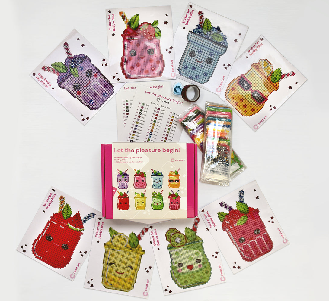 Diamond Painting Sticker Set mit 8 Stickerbögen und 8 XXL Smoothie Getränke Motiven mit eckigen Harzsteinen, Box und Zubehör