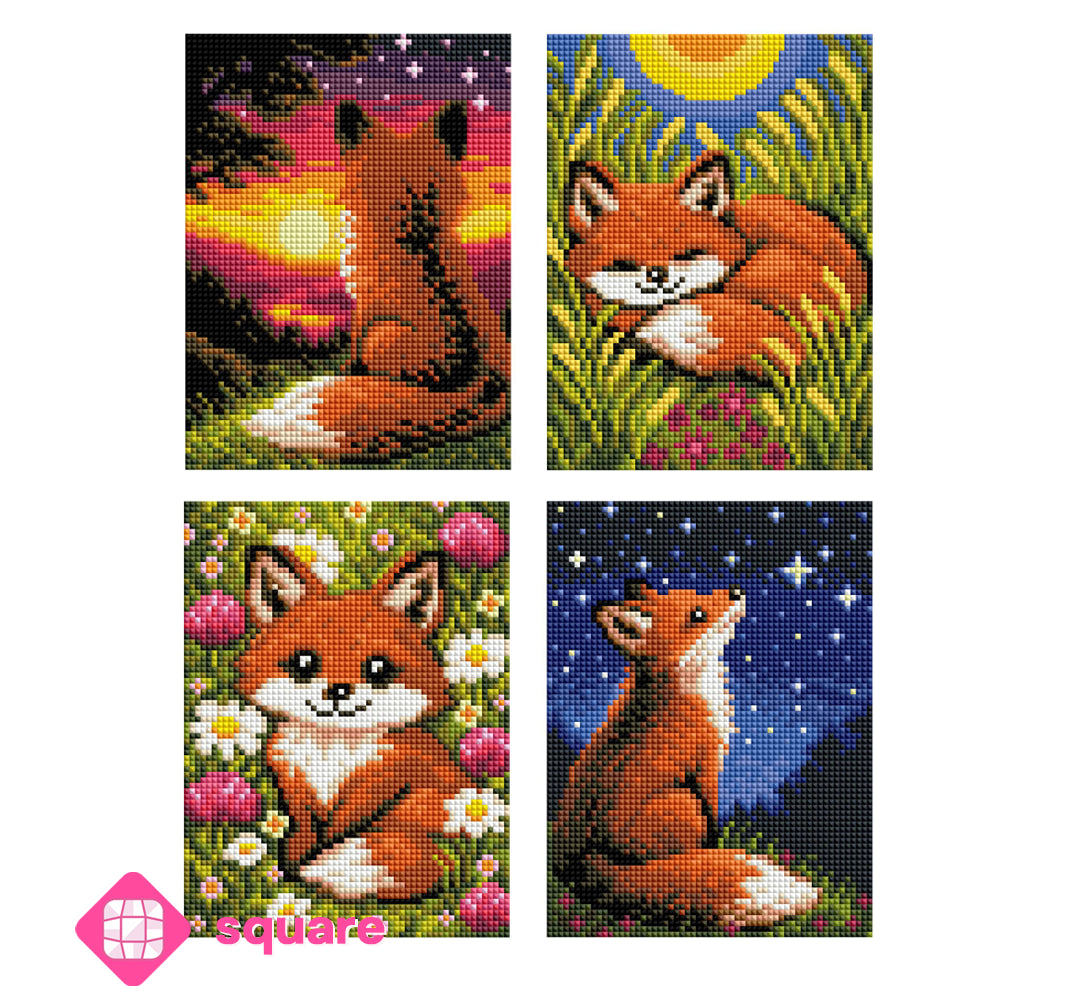 4 Diamond Painting Vorschau Ansichten mit Motiven von einem kleinen Fuchs mit Sonne, Blumen, Sternenhimmel und Landschaft