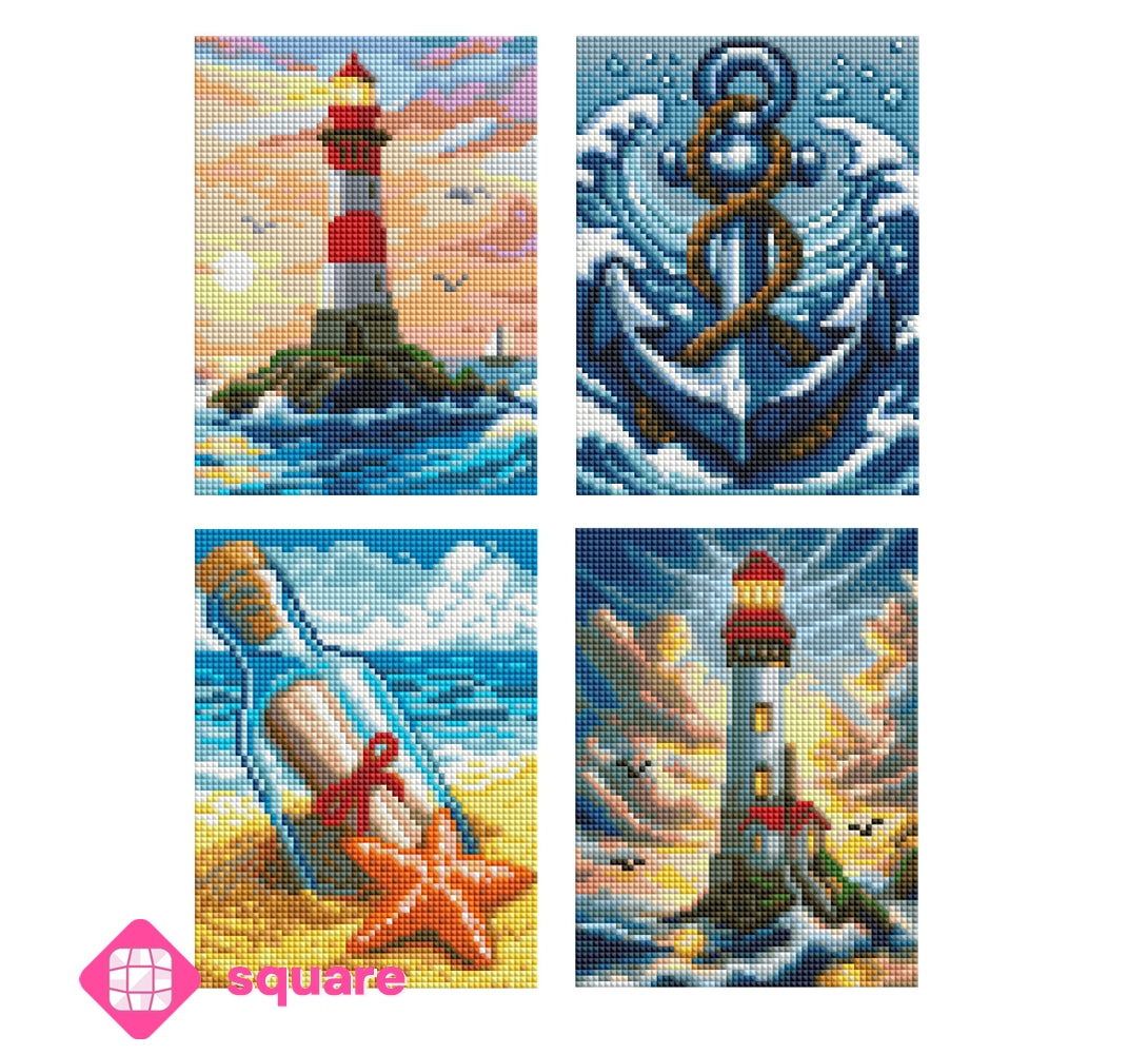 Diamond Painting Vorschau von 4 kleinen Leinwänden als Set mit Leuchtturm und maritimen Motiven