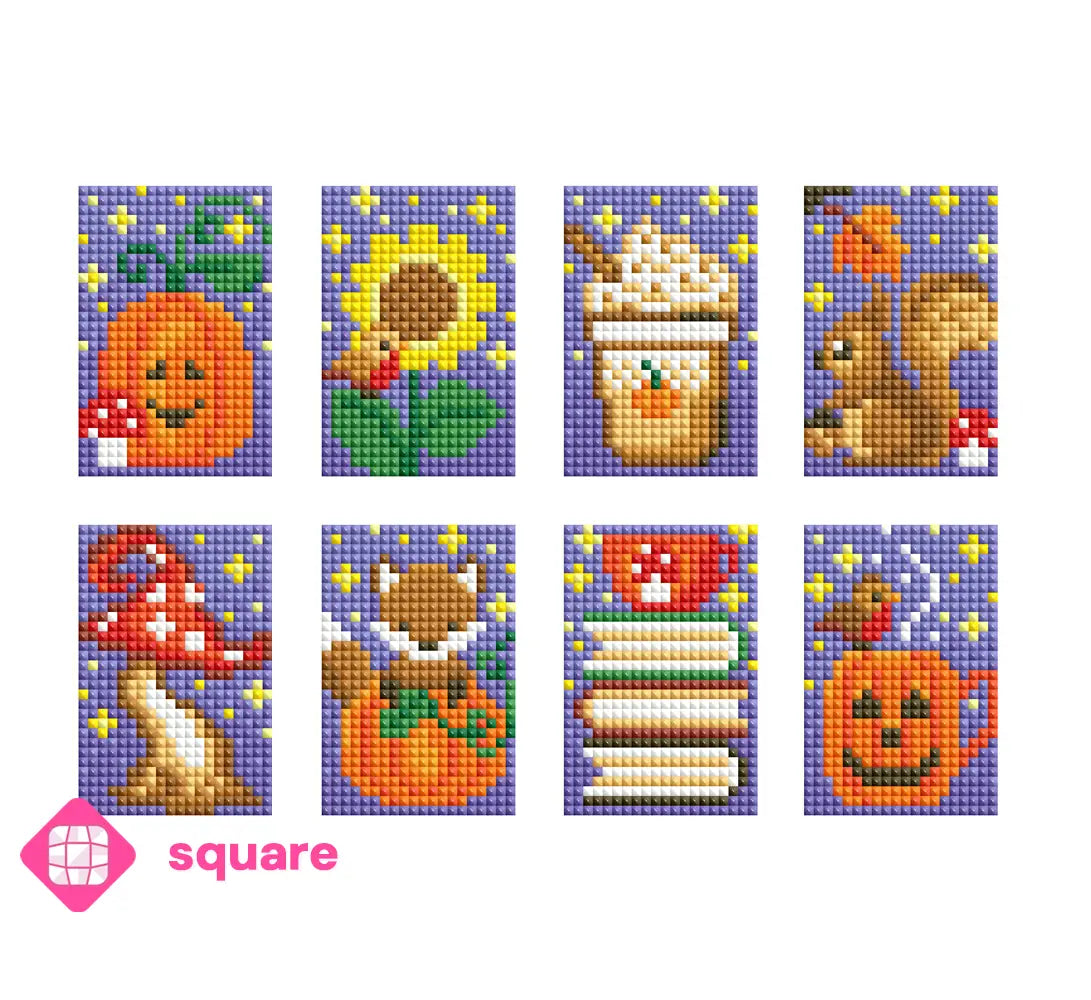 Diamond Painting Vorschau mit 8 kleinen Motiven für den Herbst mit Kürbissen, Büchern, Pilzen, Sonneblume und Eichhörnchen